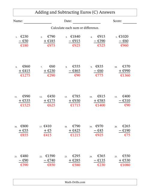 The Adding and Subtracting Euros With Amounts from 5 to 995 in Increments of Five Euros (C) Math Worksheet Page 2