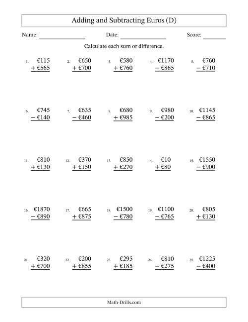 The Adding and Subtracting Euros With Amounts from 5 to 995 in Increments of Five Euros (D) Math Worksheet