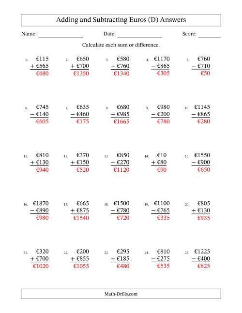 The Adding and Subtracting Euros With Amounts from 5 to 995 in Increments of Five Euros (D) Math Worksheet Page 2