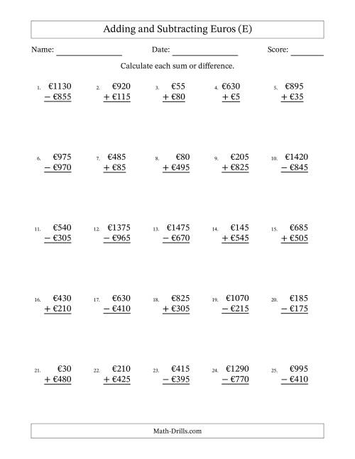 The Adding and Subtracting Euros With Amounts from 5 to 995 in Increments of Five Euros (E) Math Worksheet