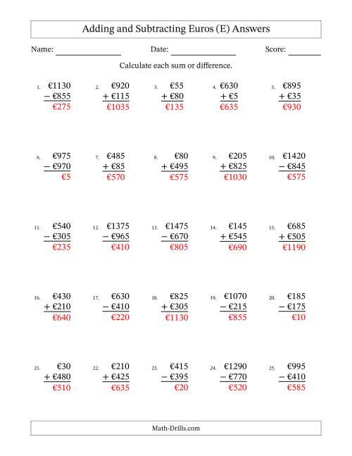 The Adding and Subtracting Euros With Amounts from 5 to 995 in Increments of Five Euros (E) Math Worksheet Page 2