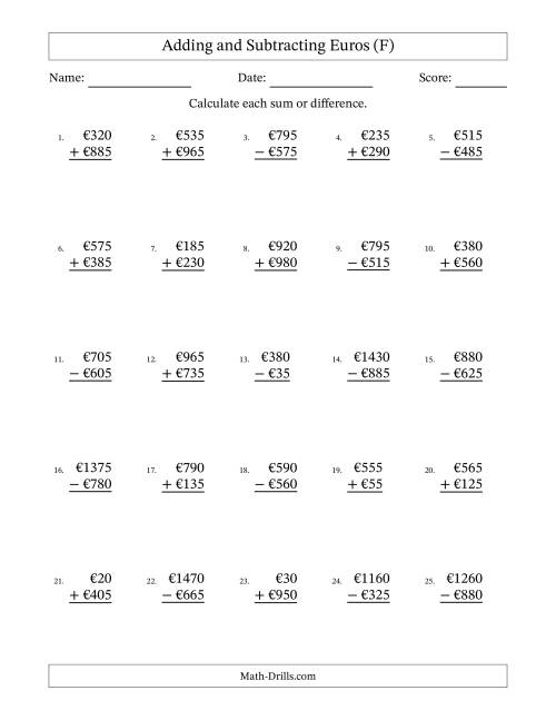 The Adding and Subtracting Euros With Amounts from 5 to 995 in Increments of Five Euros (F) Math Worksheet