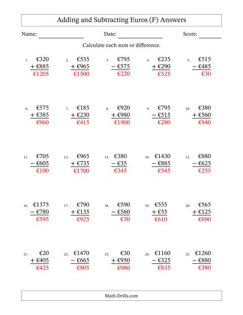 The Adding and Subtracting Euros With Amounts from 5 to 995 in Increments of Five Euros (F) Math Worksheet Page 2