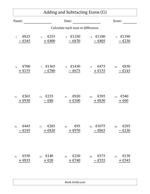 The Adding and Subtracting Euros With Amounts from 5 to 995 in Increments of Five Euros (G) Math Worksheet