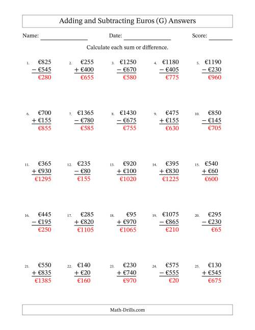 The Adding and Subtracting Euros With Amounts from 5 to 995 in Increments of Five Euros (G) Math Worksheet Page 2