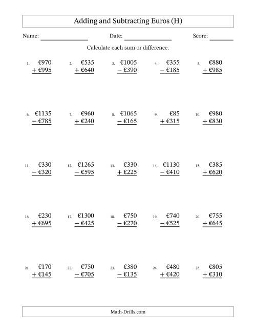 The Adding and Subtracting Euros With Amounts from 5 to 995 in Increments of Five Euros (H) Math Worksheet