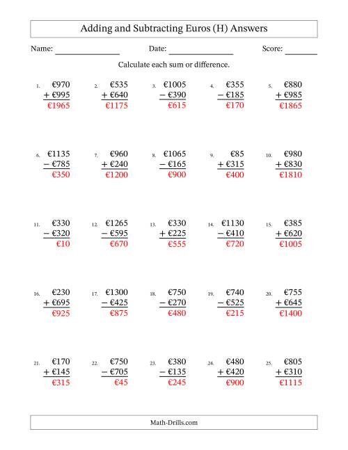 The Adding and Subtracting Euros With Amounts from 5 to 995 in Increments of Five Euros (H) Math Worksheet Page 2