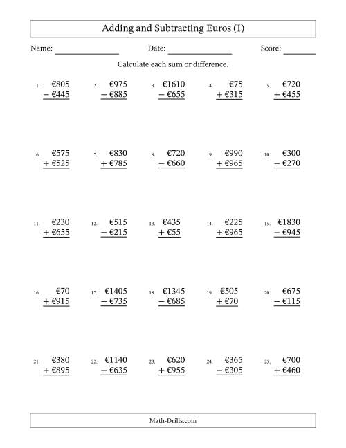 The Adding and Subtracting Euros With Amounts from 5 to 995 in Increments of Five Euros (I) Math Worksheet