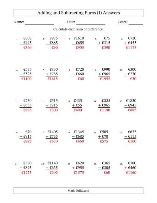 The Adding and Subtracting Euros With Amounts from 5 to 995 in Increments of Five Euros (I) Math Worksheet Page 2