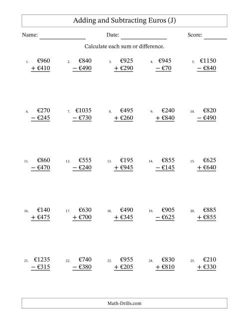 The Adding and Subtracting Euros With Amounts from 5 to 995 in Increments of Five Euros (J) Math Worksheet