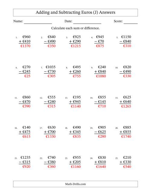 The Adding and Subtracting Euros With Amounts from 5 to 995 in Increments of Five Euros (J) Math Worksheet Page 2