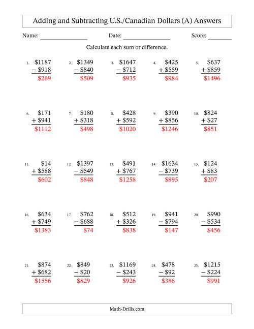 The Adding and Subtracting U.S./Canadian Dollars With Amounts from 1 to 999 in Increments of One Dollar (A) Math Worksheet Page 2