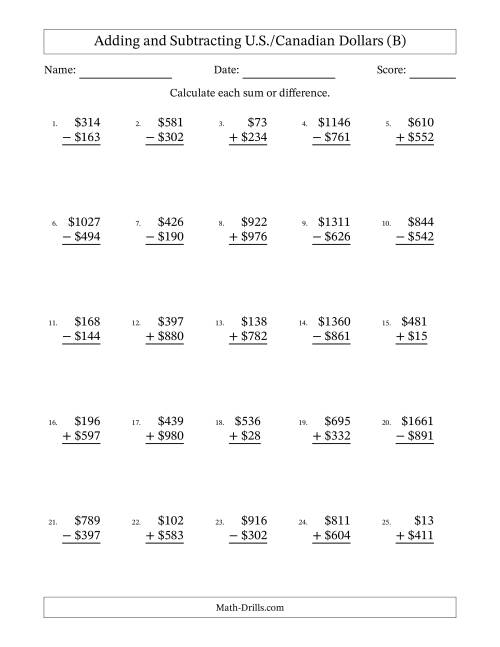 The Adding and Subtracting U.S./Canadian Dollars With Amounts from 1 to 999 in Increments of One Dollar (B) Math Worksheet