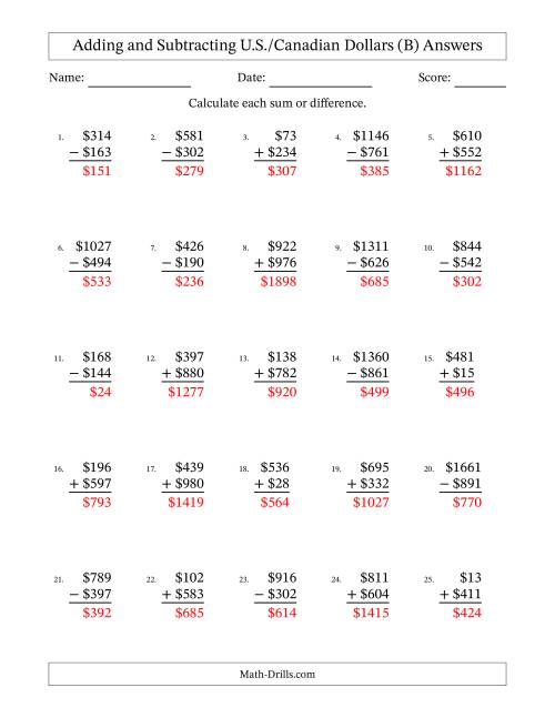 The Adding and Subtracting U.S./Canadian Dollars With Amounts from 1 to 999 in Increments of One Dollar (B) Math Worksheet Page 2