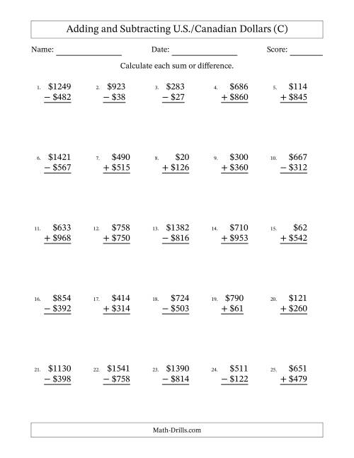 The Adding and Subtracting U.S./Canadian Dollars With Amounts from 1 to 999 in Increments of One Dollar (C) Math Worksheet