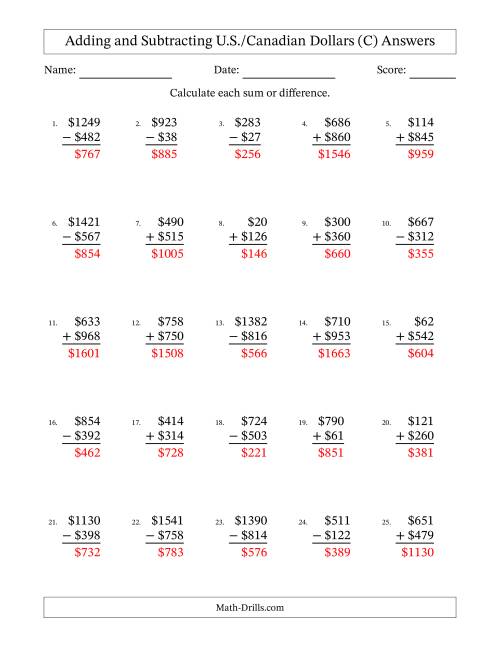 The Adding and Subtracting U.S./Canadian Dollars With Amounts from 1 to 999 in Increments of One Dollar (C) Math Worksheet Page 2