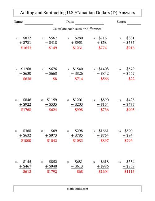 The Adding and Subtracting U.S./Canadian Dollars With Amounts from 1 to 999 in Increments of One Dollar (D) Math Worksheet Page 2