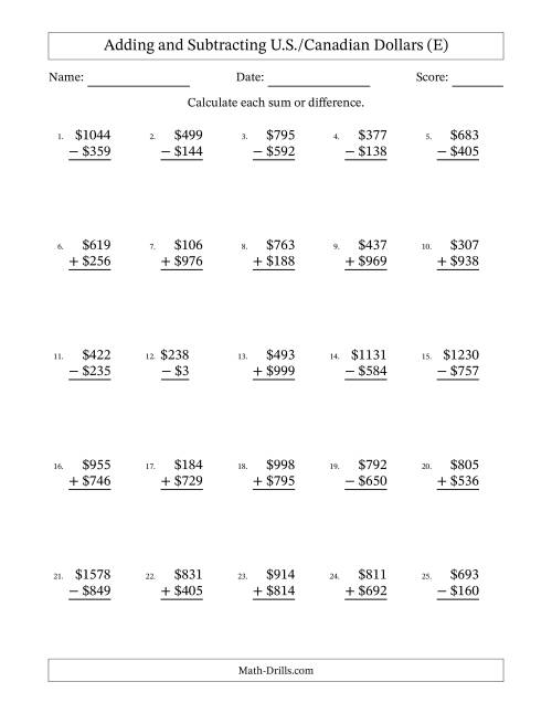 The Adding and Subtracting U.S./Canadian Dollars With Amounts from 1 to 999 in Increments of One Dollar (E) Math Worksheet