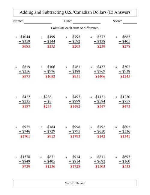 The Adding and Subtracting U.S./Canadian Dollars With Amounts from 1 to 999 in Increments of One Dollar (E) Math Worksheet Page 2