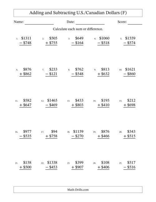 The Adding and Subtracting U.S./Canadian Dollars With Amounts from 1 to 999 in Increments of One Dollar (F) Math Worksheet