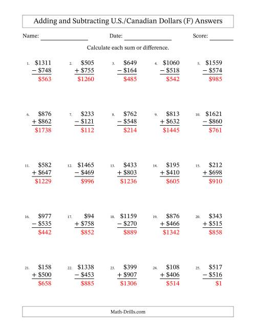 The Adding and Subtracting U.S./Canadian Dollars With Amounts from 1 to 999 in Increments of One Dollar (F) Math Worksheet Page 2