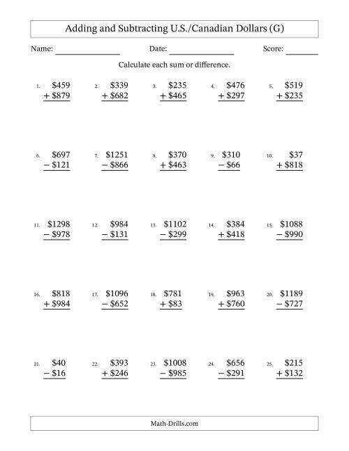 The Adding and Subtracting U.S./Canadian Dollars With Amounts from 1 to 999 in Increments of One Dollar (G) Math Worksheet