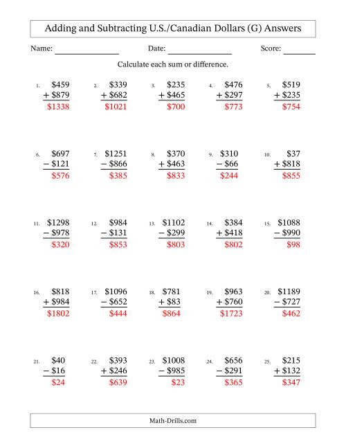 The Adding and Subtracting U.S./Canadian Dollars With Amounts from 1 to 999 in Increments of One Dollar (G) Math Worksheet Page 2