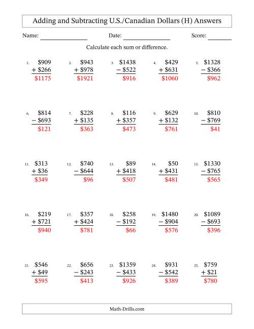 The Adding and Subtracting U.S./Canadian Dollars With Amounts from 1 to 999 in Increments of One Dollar (H) Math Worksheet Page 2