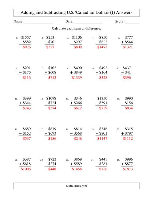 The Adding and Subtracting U.S./Canadian Dollars With Amounts from 1 to 999 in Increments of One Dollar (I) Math Worksheet Page 2