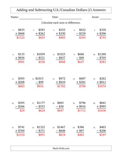 The Adding and Subtracting U.S./Canadian Dollars With Amounts from 1 to 999 in Increments of One Dollar (J) Math Worksheet Page 2