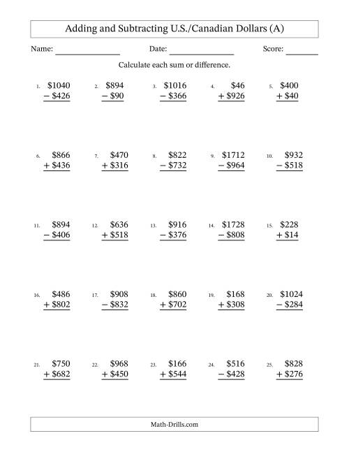 The Adding and Subtracting U.S./Canadian Dollars With Amounts from 2 to 998 in Increments of Two Dollars (A) Math Worksheet