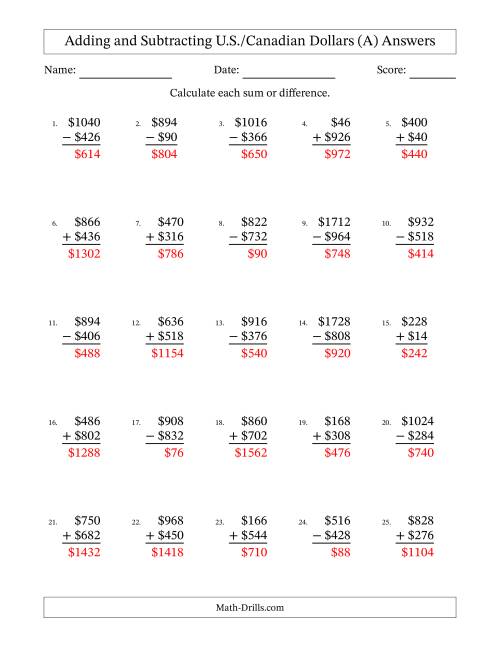 The Adding and Subtracting U.S./Canadian Dollars With Amounts from 2 to 998 in Increments of Two Dollars (A) Math Worksheet Page 2