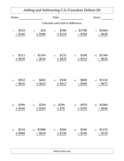 The Adding and Subtracting U.S./Canadian Dollars With Amounts from 2 to 998 in Increments of Two Dollars (B) Math Worksheet