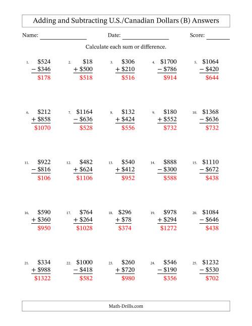 The Adding and Subtracting U.S./Canadian Dollars With Amounts from 2 to 998 in Increments of Two Dollars (B) Math Worksheet Page 2