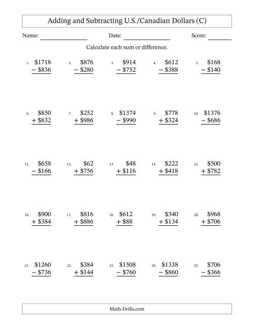 The Adding and Subtracting U.S./Canadian Dollars With Amounts from 2 to 998 in Increments of Two Dollars (C) Math Worksheet