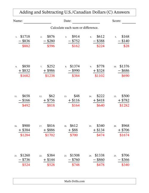 The Adding and Subtracting U.S./Canadian Dollars With Amounts from 2 to 998 in Increments of Two Dollars (C) Math Worksheet Page 2