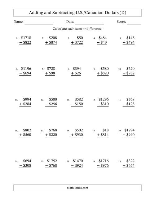 The Adding and Subtracting U.S./Canadian Dollars With Amounts from 2 to 998 in Increments of Two Dollars (D) Math Worksheet