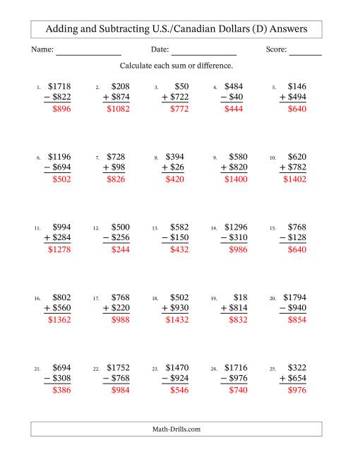 The Adding and Subtracting U.S./Canadian Dollars With Amounts from 2 to 998 in Increments of Two Dollars (D) Math Worksheet Page 2