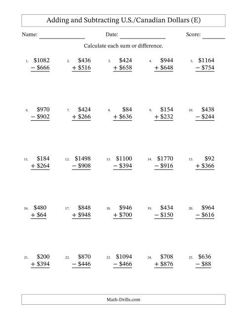 The Adding and Subtracting U.S./Canadian Dollars With Amounts from 2 to 998 in Increments of Two Dollars (E) Math Worksheet