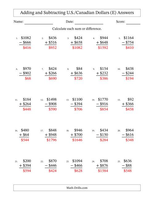 The Adding and Subtracting U.S./Canadian Dollars With Amounts from 2 to 998 in Increments of Two Dollars (E) Math Worksheet Page 2