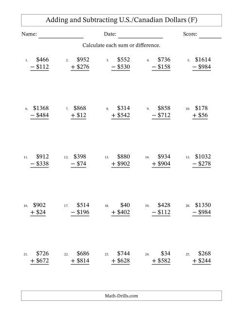 The Adding and Subtracting U.S./Canadian Dollars With Amounts from 2 to 998 in Increments of Two Dollars (F) Math Worksheet