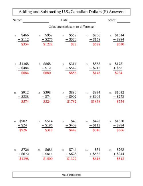 The Adding and Subtracting U.S./Canadian Dollars With Amounts from 2 to 998 in Increments of Two Dollars (F) Math Worksheet Page 2