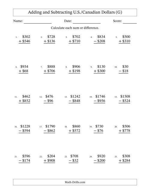 The Adding and Subtracting U.S./Canadian Dollars With Amounts from 2 to 998 in Increments of Two Dollars (G) Math Worksheet