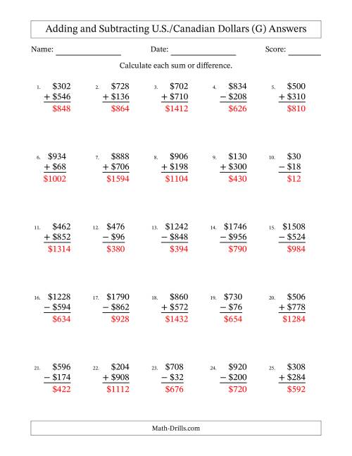 The Adding and Subtracting U.S./Canadian Dollars With Amounts from 2 to 998 in Increments of Two Dollars (G) Math Worksheet Page 2