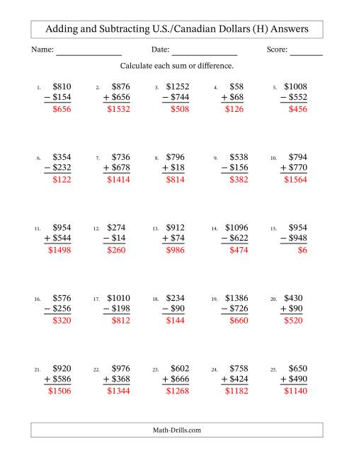 The Adding and Subtracting U.S./Canadian Dollars With Amounts from 2 to 998 in Increments of Two Dollars (H) Math Worksheet Page 2