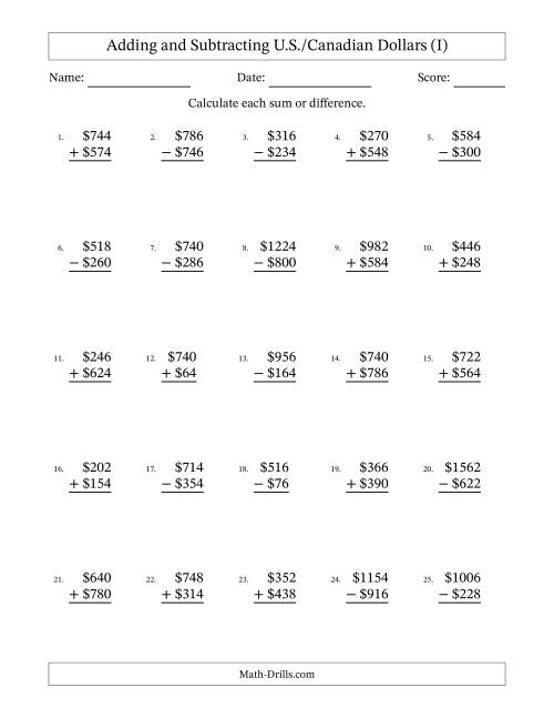 The Adding and Subtracting U.S./Canadian Dollars With Amounts from 2 to 998 in Increments of Two Dollars (I) Math Worksheet