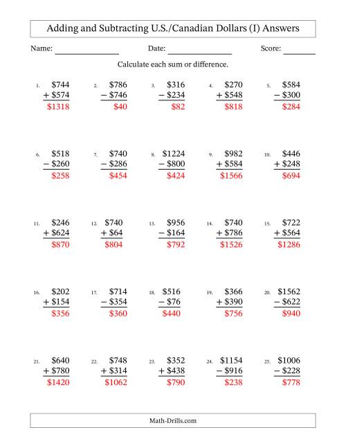 The Adding and Subtracting U.S./Canadian Dollars With Amounts from 2 to 998 in Increments of Two Dollars (I) Math Worksheet Page 2