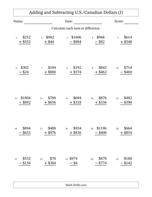 The Adding and Subtracting U.S./Canadian Dollars With Amounts from 2 to 998 in Increments of Two Dollars (J) Math Worksheet