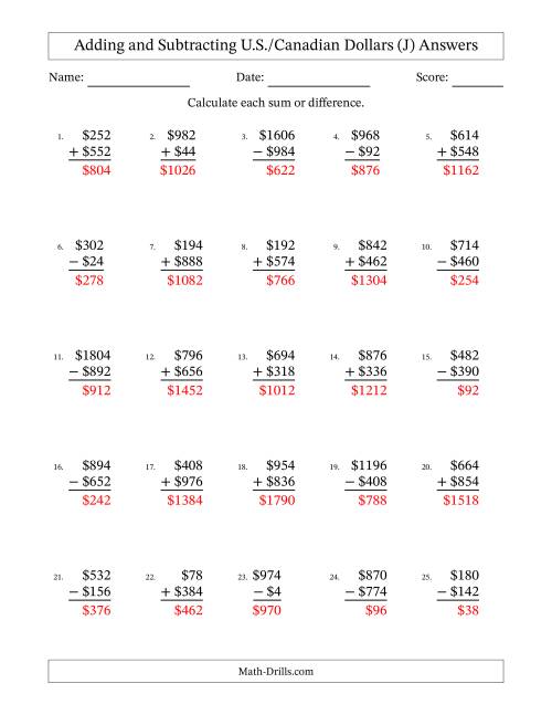 The Adding and Subtracting U.S./Canadian Dollars With Amounts from 2 to 998 in Increments of Two Dollars (J) Math Worksheet Page 2