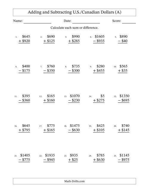 The Adding and Subtracting U.S./Canadian Dollars With Amounts from 5 to 995 in Increments of Five Dollars (A) Math Worksheet